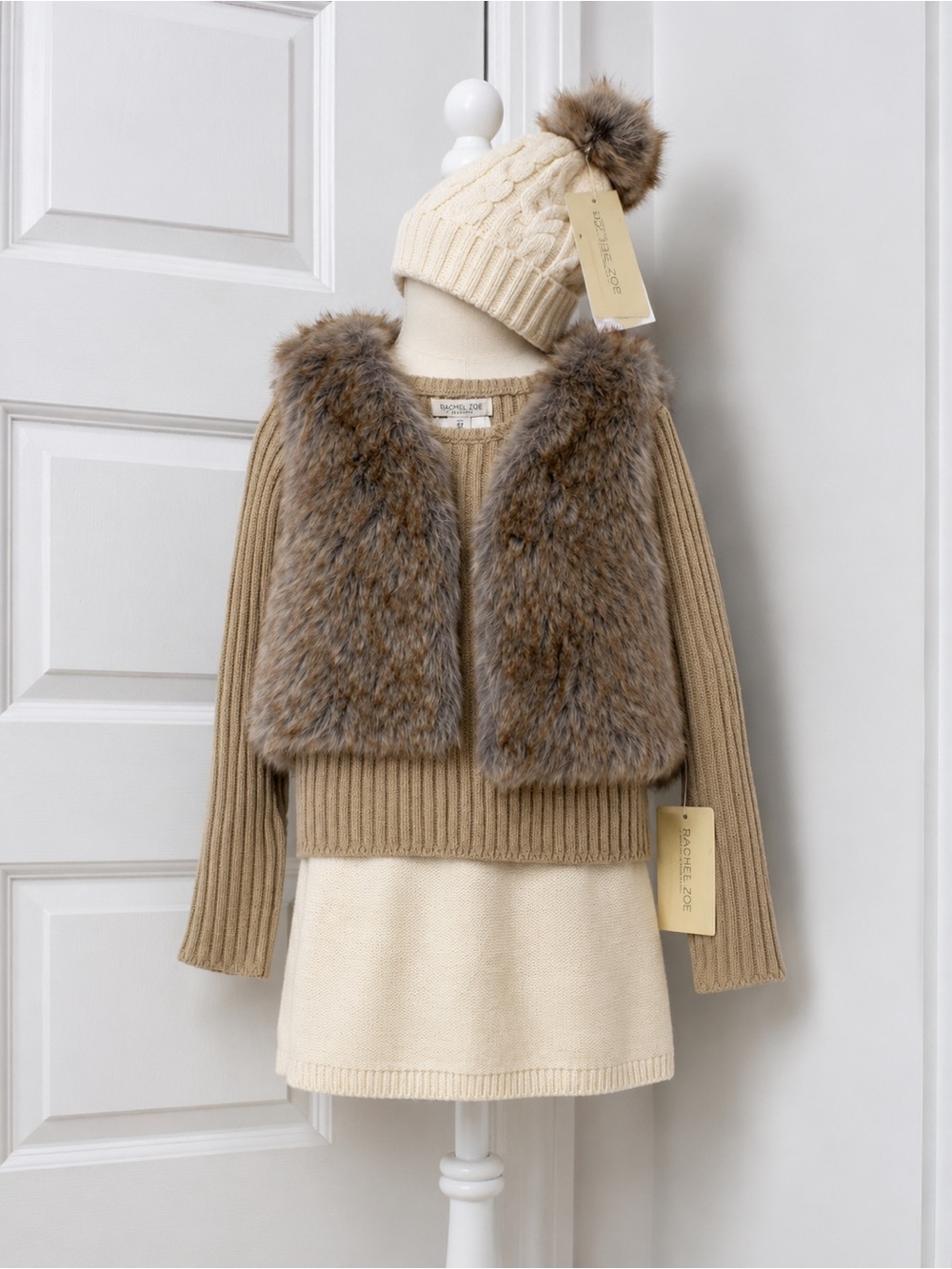 Rachel Zoe Camel Rib Knit Sweater with Faux Fur Trim and Cream Accents